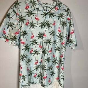 Brother Threads Shirt Adult Large Blue Palm Pink Flamingo Print Button Up Poly